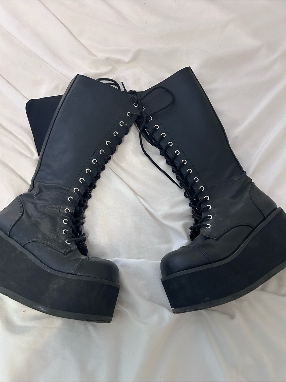 Demonia Black Lace-Up Platform Knee-High Boots
